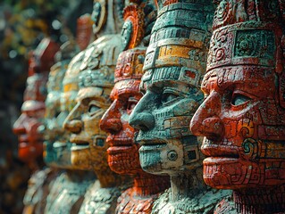 Fototapeta premium Ancient Guardians: A row of meticulously crafted sculptures, weathered by time, stands as stoic sentinels, offering a glimpse into a rich cultural heritage. These vibrant works evoke history.