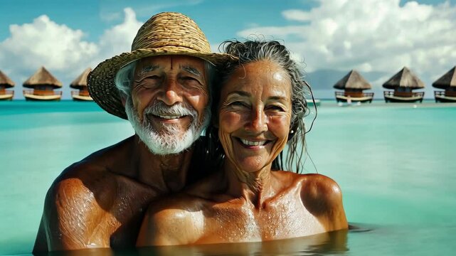Joyful Senior Couple Embracing the Turquoise Waters of a Tropical Paradise on Vacation, plan life insurance at retirement concept,