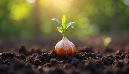 Growing onion bulb sprouting in moist soil, symbol of new beginnings