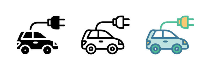 Set of electric car icon representing eco-friendly, renewable energy, and sustainable transportation.