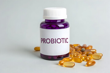 Advanced Probiotic Formula in Violet Container with Amber Pills, Gut Health Management