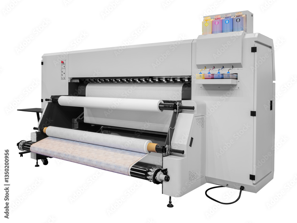Poster a large machine on transparent white background and a black and yellow stripe. the machine is a prin