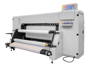 A large machine on transparent  white background and a black and yellow stripe. The machine is a...
