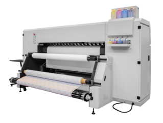 A large machine on transparent  white background and a black and yellow stripe. The machine is a printer that can print on a variety of materials