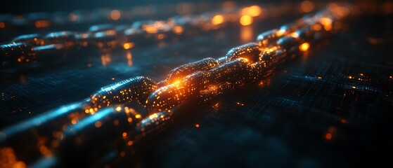 Glowing metallic chain links on dark background.