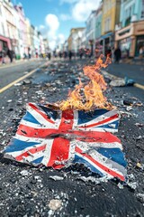 Burning Union Jack flag on the street during a protest in a vibrant city scene