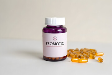 Violet Container with Probiotic Formula and Amber Pills, Gut Flora Balance Concept
