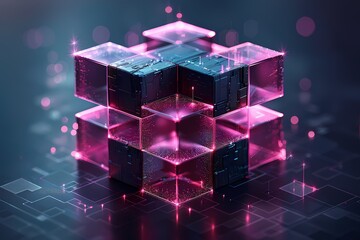 Abstract Cube Structure with Glowing Pink Edges and Circuit Patterns