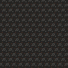 Seamless black background pattern with small white hearts and colorful dots, perfect for textiles, wallpapers, invitations, or festive designs.
