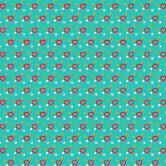 Colorful heart pattern design on turquoise background, playful and vibrant repeating hearts and dots for fabric, wallpaper, cards, invitations, and decorations.