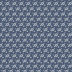 Cute heart pattern on dark blue background, playful polka dots design, seamless textile print, ideal for wrapping paper, cards, invitations, wallpapers, and children’s decor.