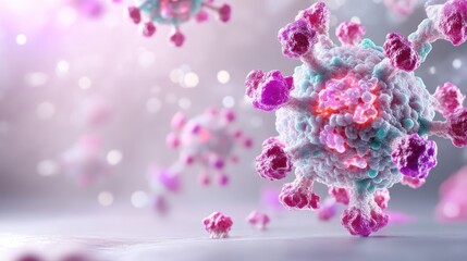 Close-up view of virus particles.  Complex virus structure, colorful 3D model,  showing detail of spikes and surface proteins.  Blurred background highlights the virus in focus