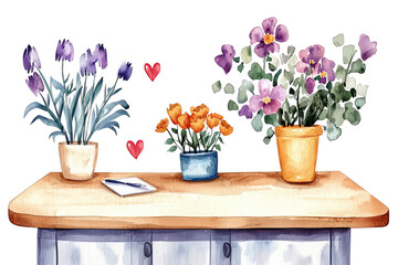 A vibrant arrangement of colorful flowers in pots, showcasing diverse blooms and greenery on a wooden surface.