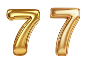 Shiny Golden Lucky Number 77 with Metallic Finish on Transparent Background for Luck and Gambling Themes