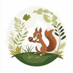 Fototapeta premium Happy squirrel holding an acorn surrounded by green plants 