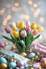 Colorful tulips and festive decorations create a charming spring celebration setting with cheerful bokeh background
