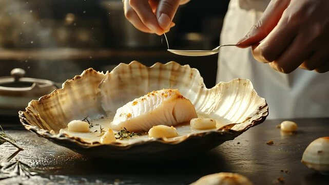 Chef preparing dish of scallops. Plate of fish with a slice of shell on it. A guy is cooking on a table with his hands. Cook making a plate of scallops lifestyle.