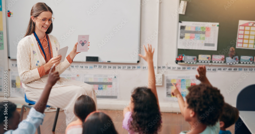 Poster teacher, children and flash cards with question in lesson for animal alphabet, knowledge and feedbac