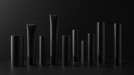Black cosmetic tubes & jars on dark background, product display, packaging mockup