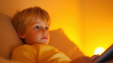 A young boy sitting on a couch playing a game on a tablet, bright lighting, engaged and isolated digital experience