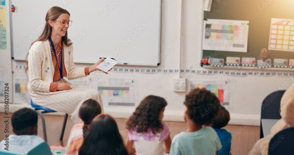 Poster teacher, kids and card in classroom with question, smile and quiz with education at academy. woman, 