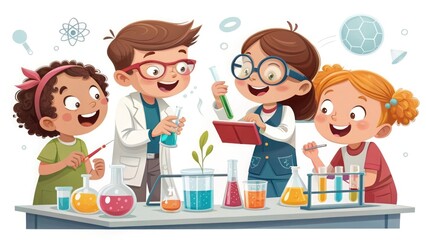 A group of students working on a science experiment, excited expressions, white background, HD vector artwork.