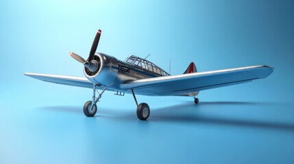 Silver propeller plane studio shot, blue background, aviation design
