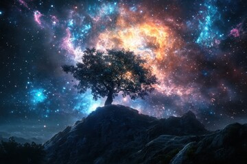 Fototapeta premium Cosmic tree standing on a hill under a vibrant galaxy sky at night
