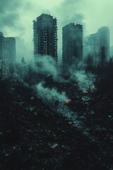 Urban wasteland shows abandoned buildings amid smoke and destruction in a post-apocalyptic setting