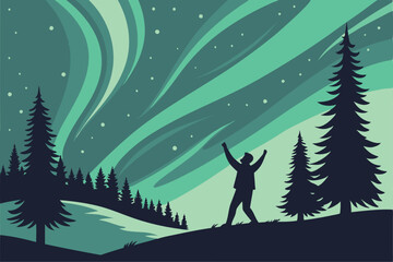 Obraz premium 21 Aurora borealis, northern lights, silhouette figure with arms raised, night sky, starry night, green and teal lights, forest treeline, evergreen trees, winter landscape, magical atmosphere, awe-ins