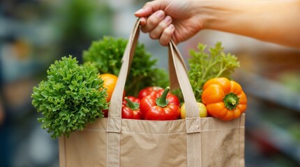 A reusable shopping bag filled with fresh organic vegetables, promoting sustainability and eco-friendly shopping habits for a greener planet.