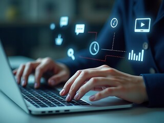 Close-up of hands typing on a silver laptop with digital icons overlaying, symbolizing communication, search, and data analysis. A modern tech and business concept.
