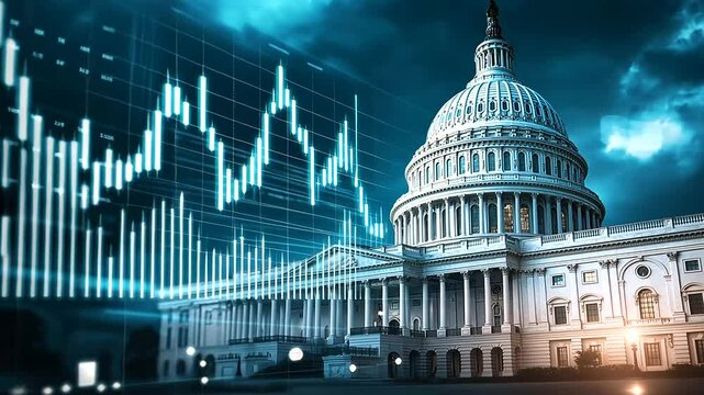 The U.S. Capitol under a stormy sky, its classical architecture juxtaposed with a translucent financial chart made of glowing holograms, symbolizing economic uncertainty and regula