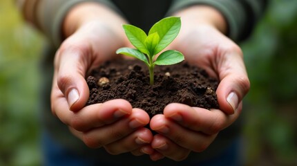 A close-up of hands gently planting a young seedling in fresh soil. A powerful representation of sustainability, hope, and nurturing the environment.