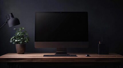 Dark desktop mockup, minimalist office, blank screen, night, wood desk, plant