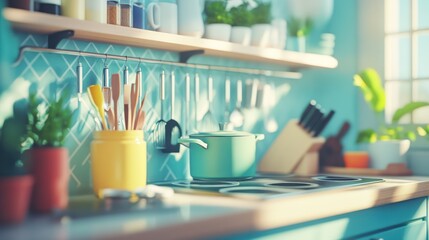 Sunny kitchen, teal cabinets, cooking tools, plants, morning light, home design, stock photo
