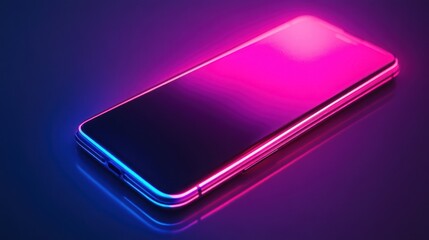 Neon-lit smartphone, dark background, vibrant reflection, app mockup