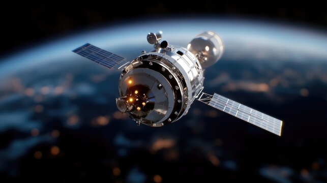 Spacecraft orbiting Earth.  Sophisticated satellite technology, showcasing a futuristic vessel in a cosmic environment.  Detailed rendering highlighting engineering and design