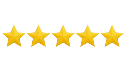 Five yellow stars isolated on transparent background, cut out, ai generated