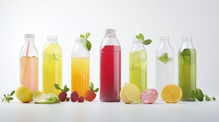 Colorful fruit juice bottles studio shot, white background, healthy refreshment, advertising