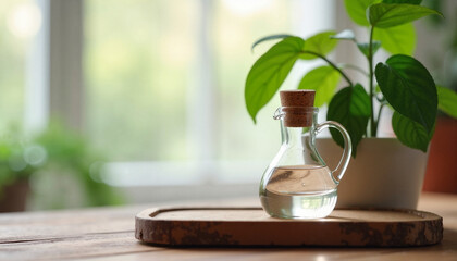 Rustic watering jug beside lush houseplant on wooden tray, nurturing growth