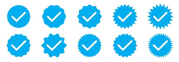 Set of verified badge. blue tick vector. Set of right symbol in zig zag style with blue and white color and shadows, Social media official account tick symbol, Vector icon