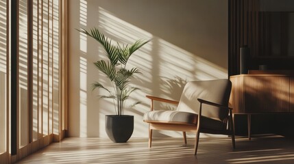 Sunlight streams through blinds onto armchair, plant, cabinet in minimalist room, interior design