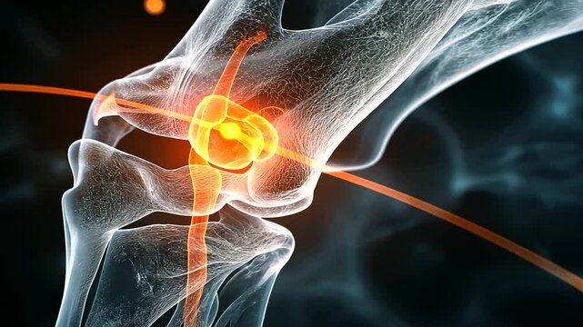 A medical infographic-style X-ray image of a knee joint, with highlighted areas in orange and red, symbolizing pressure, pain, and possible cartilage deterioration.