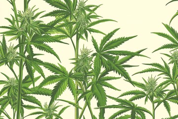 Detailed botanical illustration of cannabis plants and foliage pattern