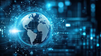 Digital representation of Earth surrounded by glowing data streams and technology elements