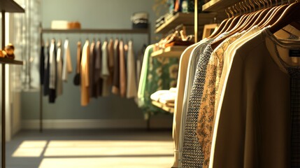 Sunlit boutique clothing rack, apparel display, retail interior, shopping, sunlight
