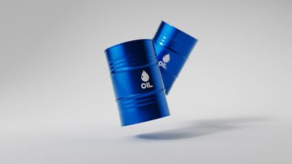 Two floating blue metal oil barrels on white background. Front view with shadow. Falling fuel tanks. Oil industry concept. 3d render illustration
