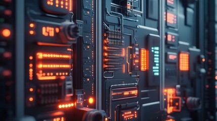 Obraz premium Futuristic Control Panel, Glowing Orange, Sci-Fi Background, Tech Interface