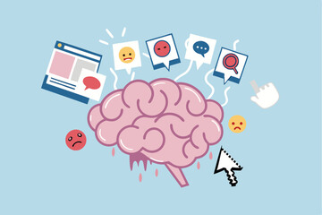 Brain rot toxic social media addiction causing depression, anxiety and negative harmful mind, online overwhelmed, cyber bullying or doomscrolling concept, human brain rot with toxic social media.